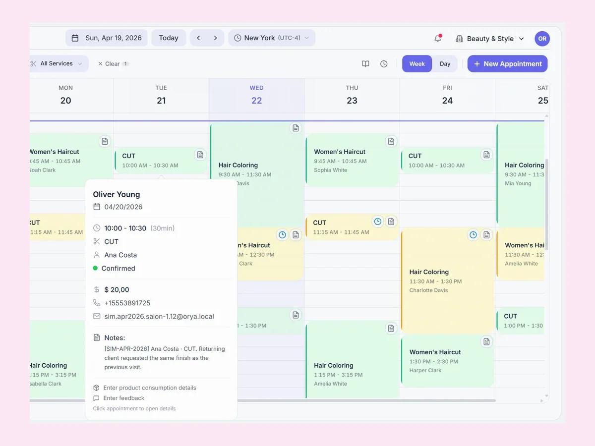Orya calendar showing nail salon appointments